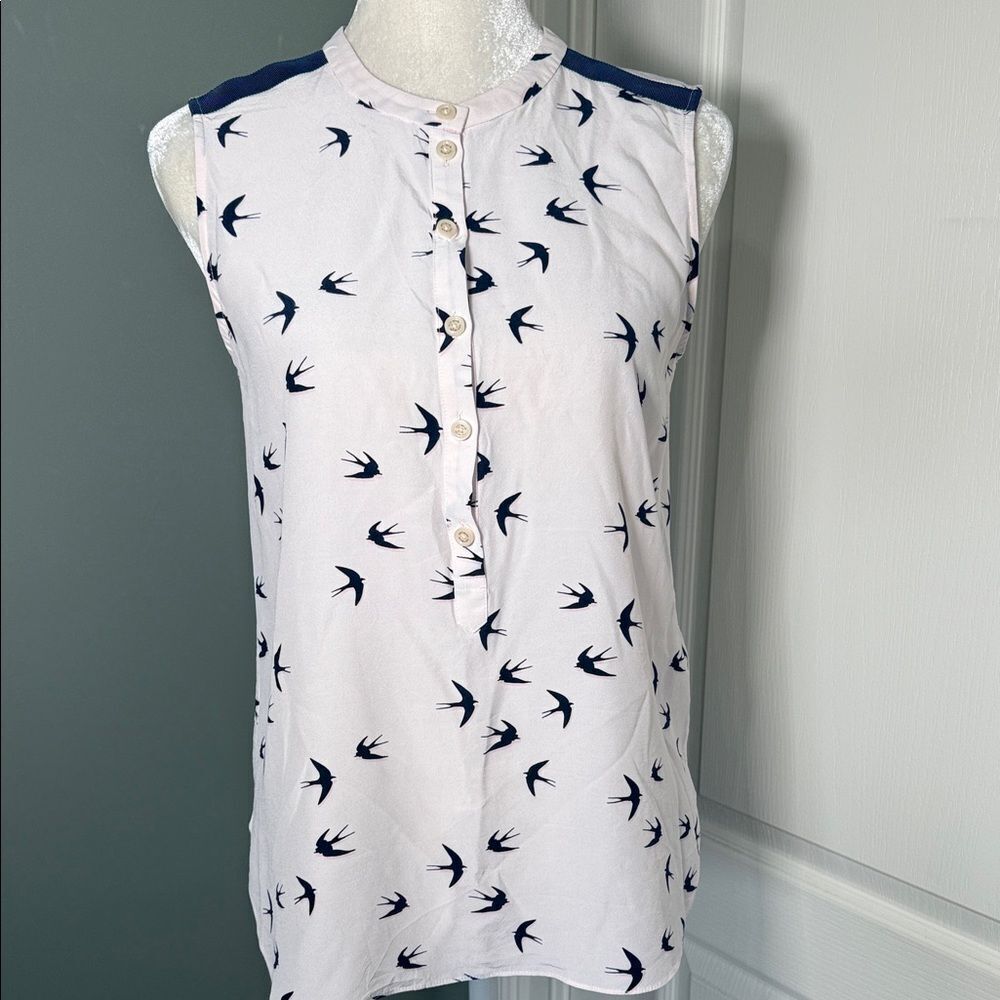 Kate Spade Bird Print Sleeveless Blouse Pink Navy Button Front Small
